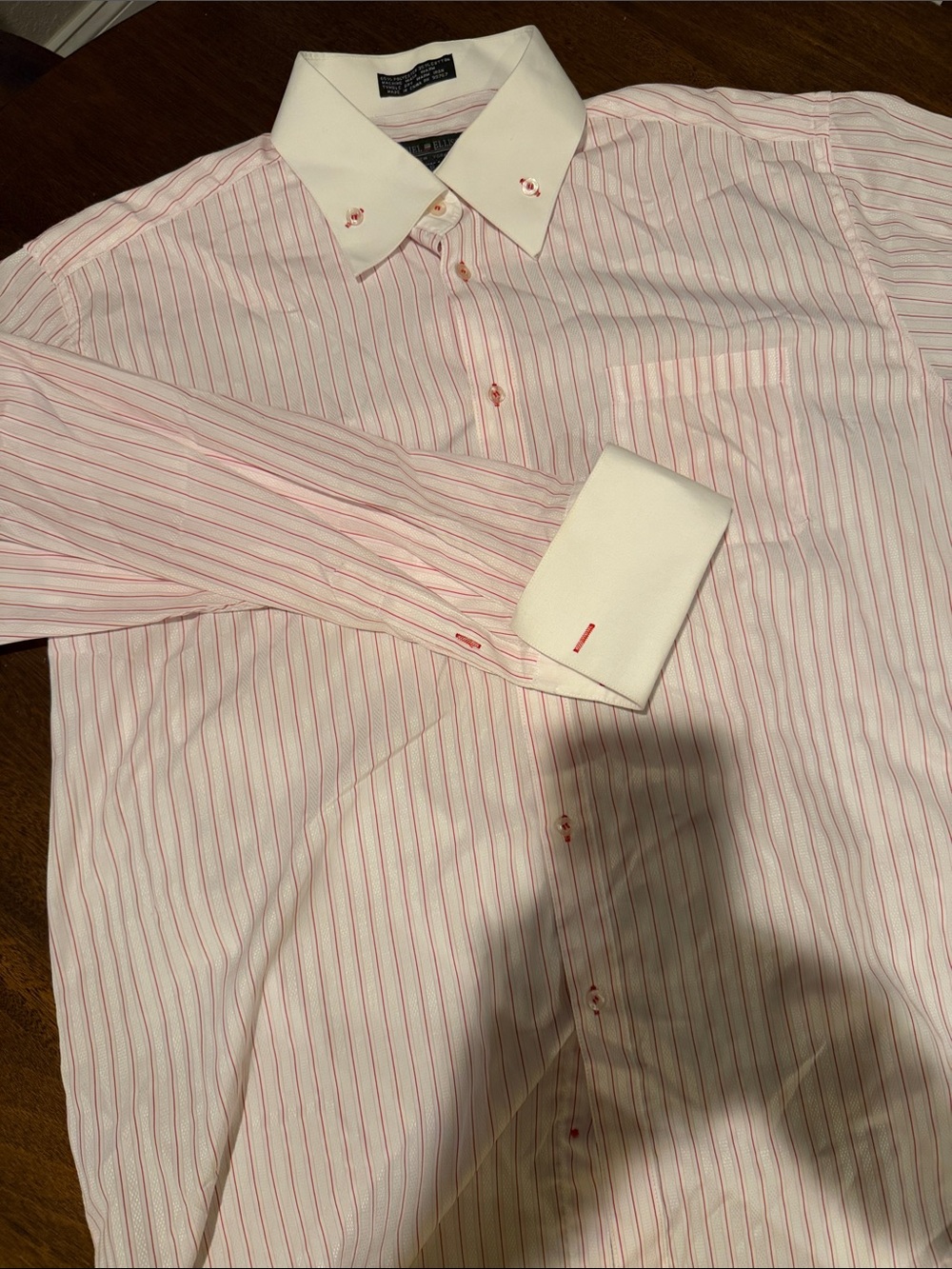 Men's White Dress Shirt with Pink Pinstripes and Contrast White Collar
